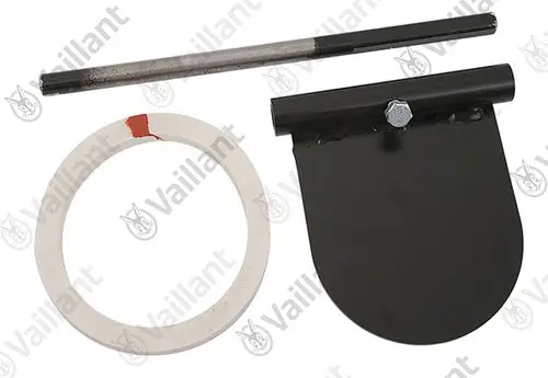Drei Bauteile von Vaillant, bestehend aus einer weißen Ringdichtung, einem schwarzen Metallblatt und einem metallischen Stift mit einer rauen Oberfläche, angeordnet auf hellem Hintergrund.